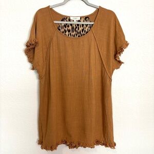 Umgee Linen Cotton Brown Leopard Raw Hem Short Sleeve Blouse Women’s 1XL Boho
